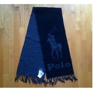 Polo Ralph Lauren Mens Black Merino Italy Wool Scarf Pony Graphic 10x70 NWT